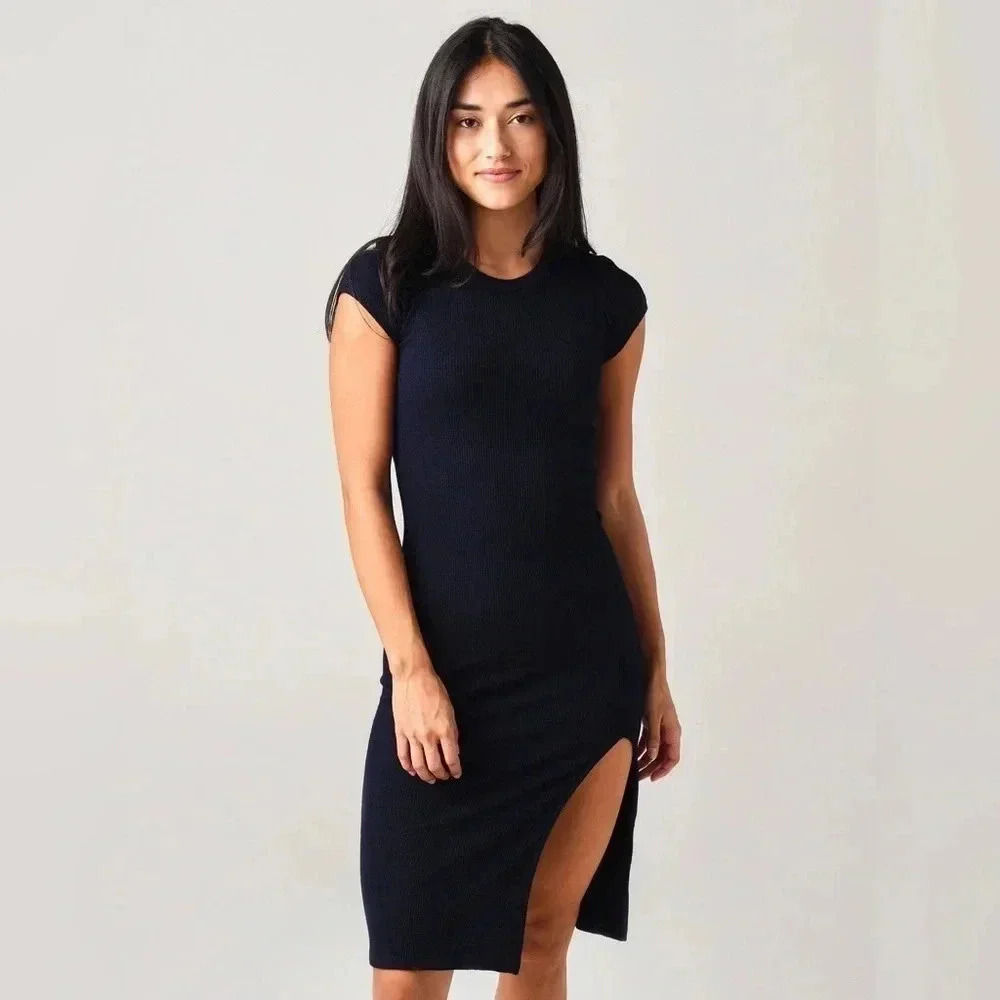 MONROW Women's Black Super-soft Rib Cap Sleeve Midi Dress Size M Medium - Picture 6 of 8
